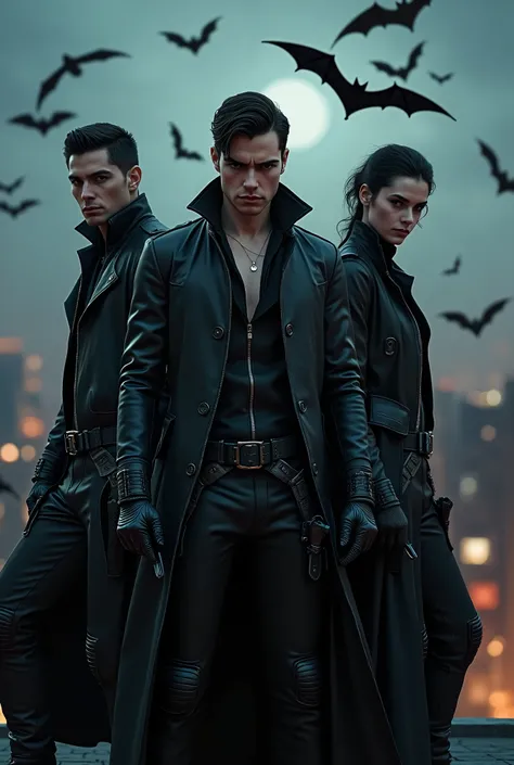 vampire hunters 、 BLACK LEATHER OUTFIT 、hat、 hold large swords and guns、Harness、One Eye、Dynamic Pose、 handsome、City Night、 buil...