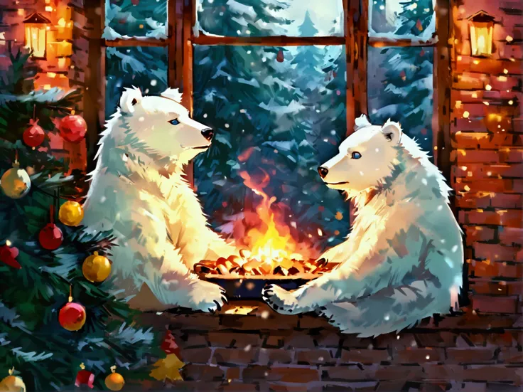 Generate a Furry polar bear heating up in a chimney, On the side is a Christmas tree