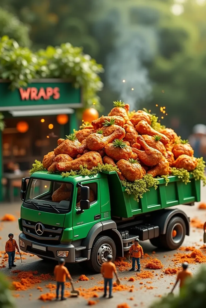 create a hyper-realistic scene of a tipper lorry overflowing with a delicious, steaming chicken dish, intricately detailed with ...