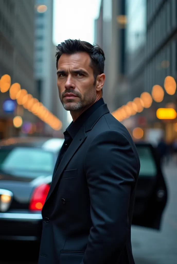 a man with short dark hair and a smooth face without stubble, stands full-length on the street surrounded by glass facades of a ...