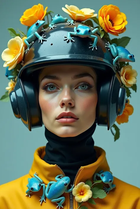 realistic photo of a 30-year-old italian girl , capelli mori in a helmet , occhi marroni, with a very large hat in the shape of ...