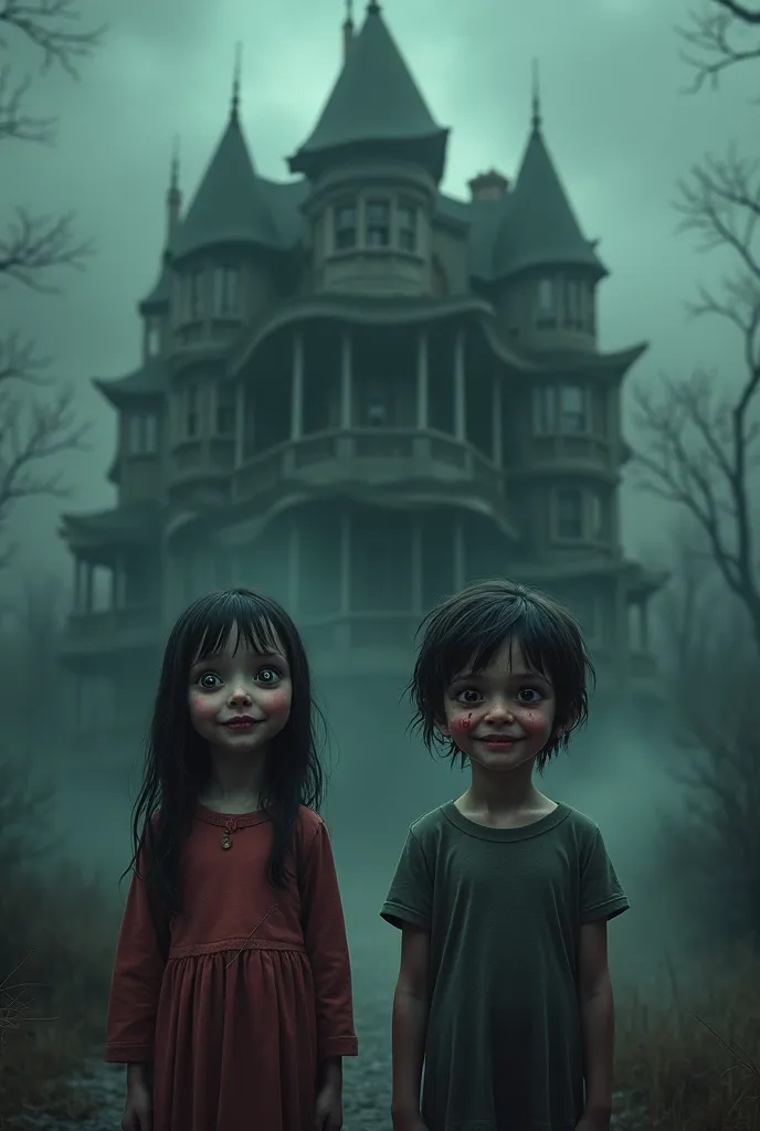 a young girl and a young boy are standing outside the door of the scary mansion with distorted faces., with crooked smiles ,  an...