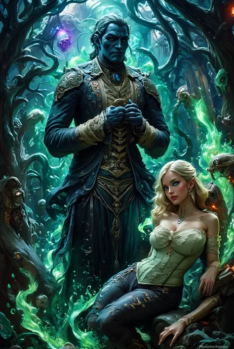 brooding necromancer with shadowy tendrils swirling around, with young 18 years blueeyes blonde lady in victorian era's gown, su...