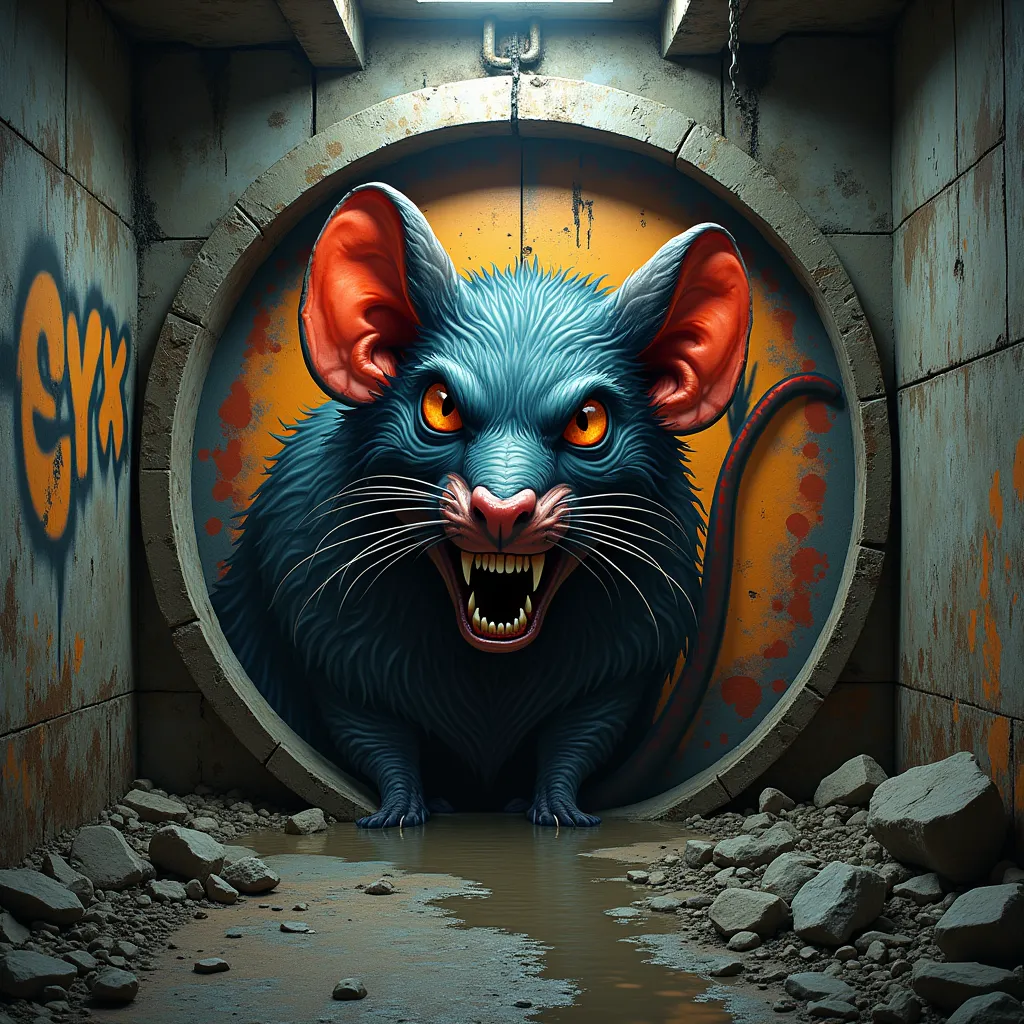 logo of a ratman graffiti on a wall inside a dirty sewer drain, hyper realistic , uhd.