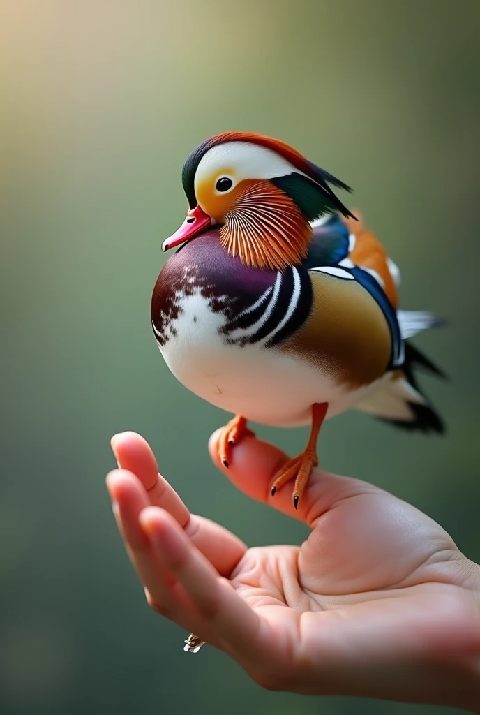 A mandarin duck on a finger