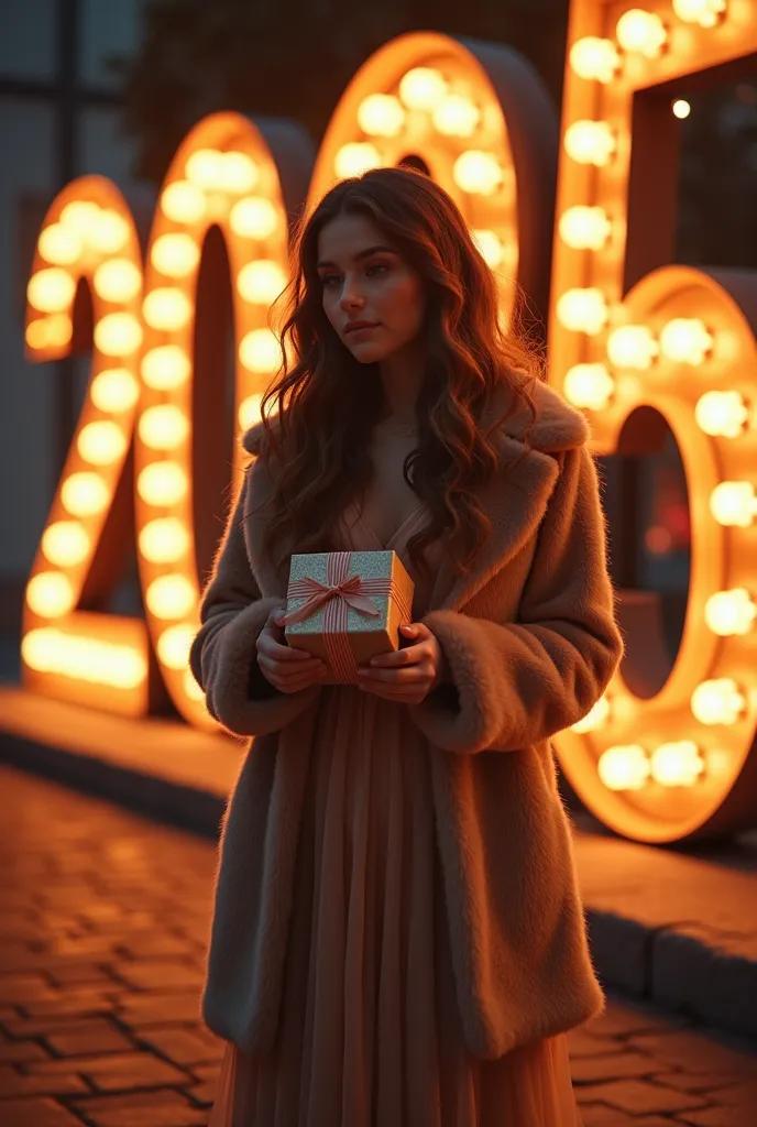 a beautiful girl with wavy long hair in a new year's dress and a fur coat stands in front of the 2025 sign, the sign glows with ...