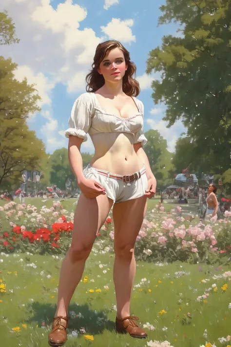 painting of a pale-skinned muscular brunette 18-year-old girl resembling emma watson with huge breasts in the style of norman ro...