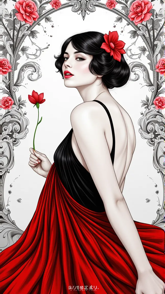 create an exquisite close-up illustration of a captivating woman inspired by the elegance of the 1920s, rendered in a stunning p...