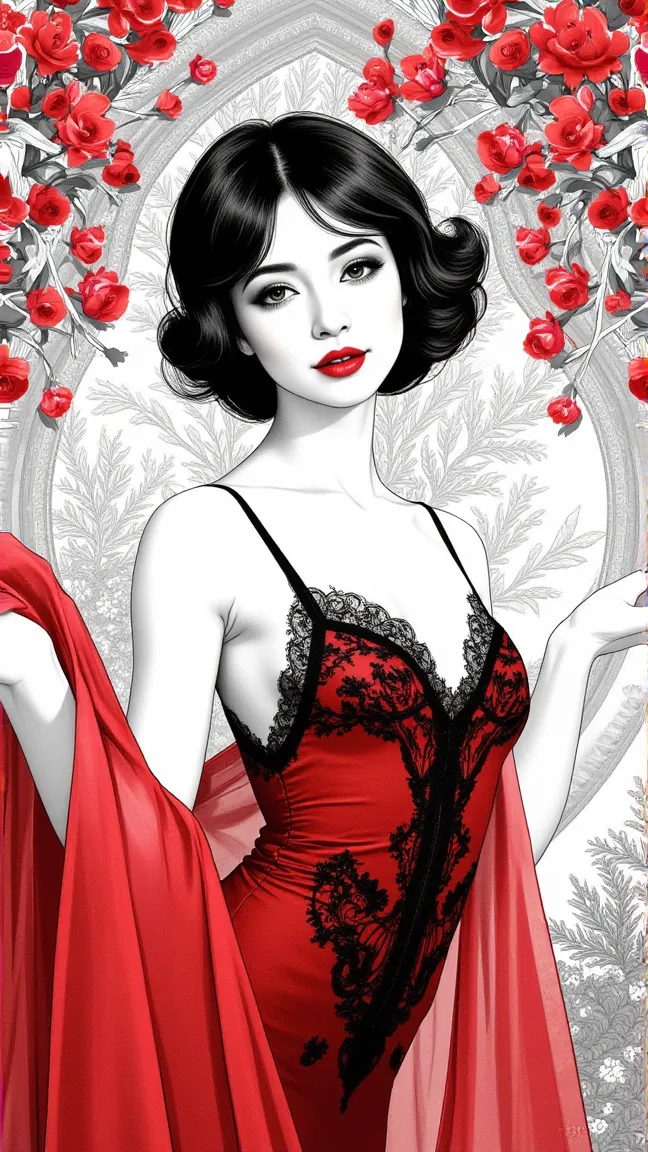 create an exquisite close-up illustration of a captivating woman inspired by the elegance of the 1920s, rendered in a stunning p...