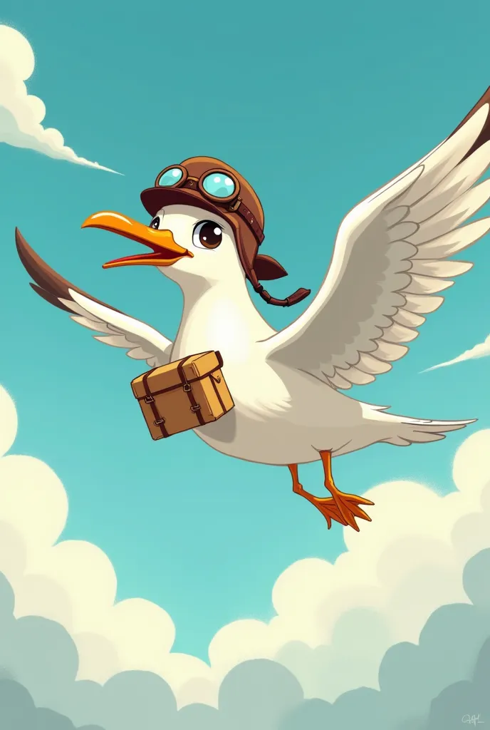 create a cartoonish image of a messenger gull ,  with an aviator's hat and a package hanging from the torso, flying through the ...