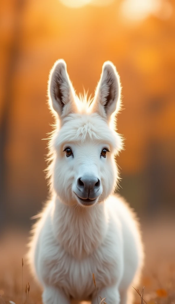 Here’s a prompt for you:

"A cute white donkey with soft, fluffy fur, standing gracefully in the foreground. The donkey looks ca...