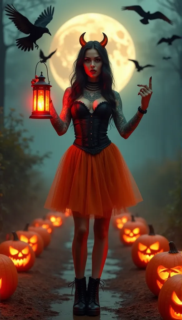 a mesmerizing halloween-themed scene featuring a gothic, tattooed woman standing confidently on a pumpkin-lined path under a glo...