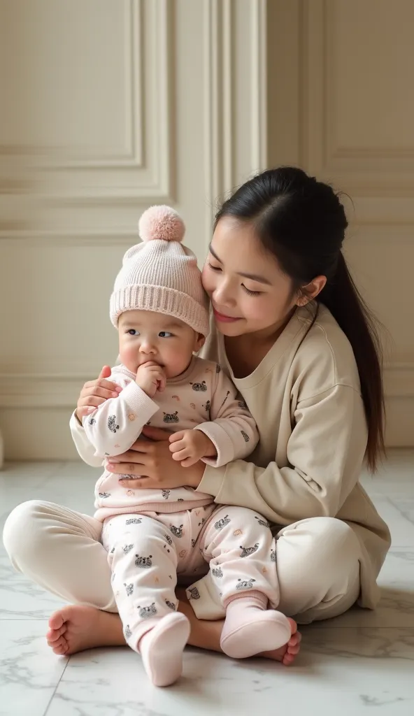 "a  is sitting with a toddler boy, the toddler is wearing pastel colored clothes with cute animal prints and a soft knitted hat....