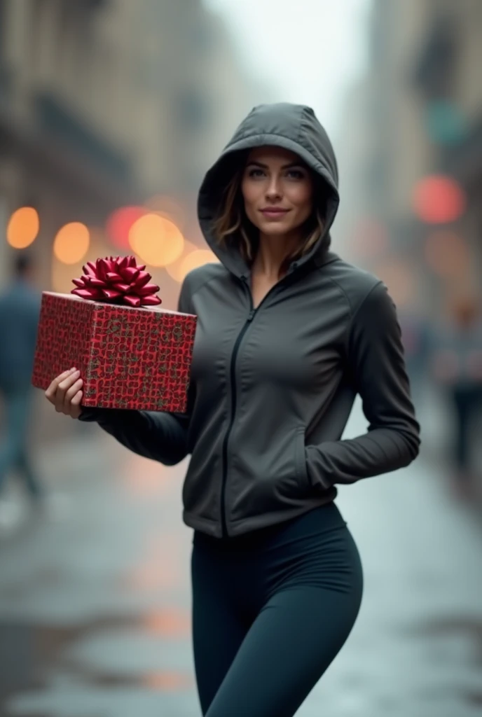 make me a blurred photo of a sportswear female model like running wearing a hooded jacket and leggings and holding a christmas b...