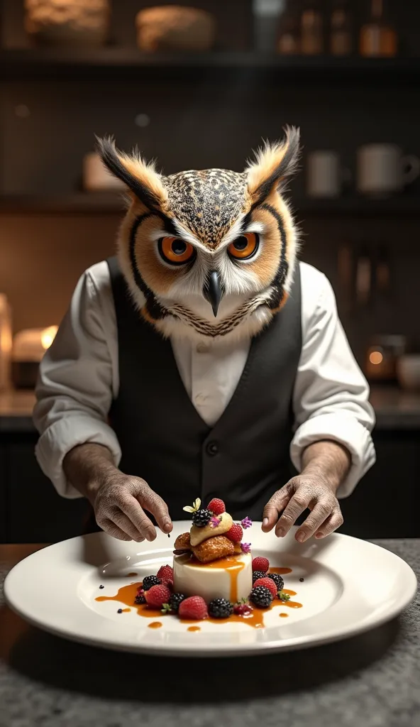 a wise owl in a sleek chef’s uniform, carefully arranging a gourmet dessert on a plate in a dimly lit fine-dining kitchen.