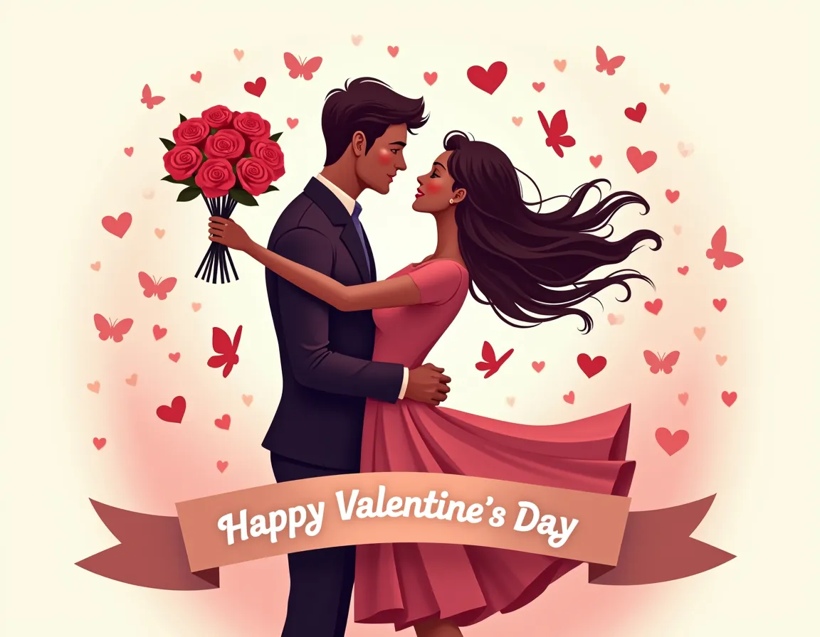 silhouette of a couple holding each other, with the man presenting a bouquet of roses. the woman has flowing hair, and both figu...