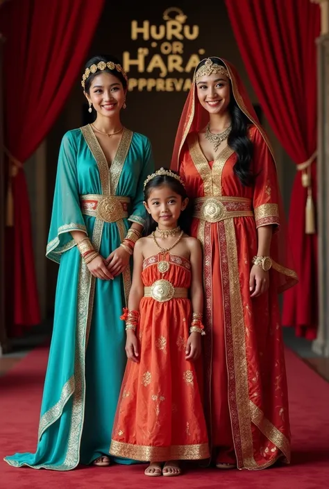 realistic picture of two malay ladies and one male, dressed in colourful arabic costume aladdin and jasmine theme dress, with ba...