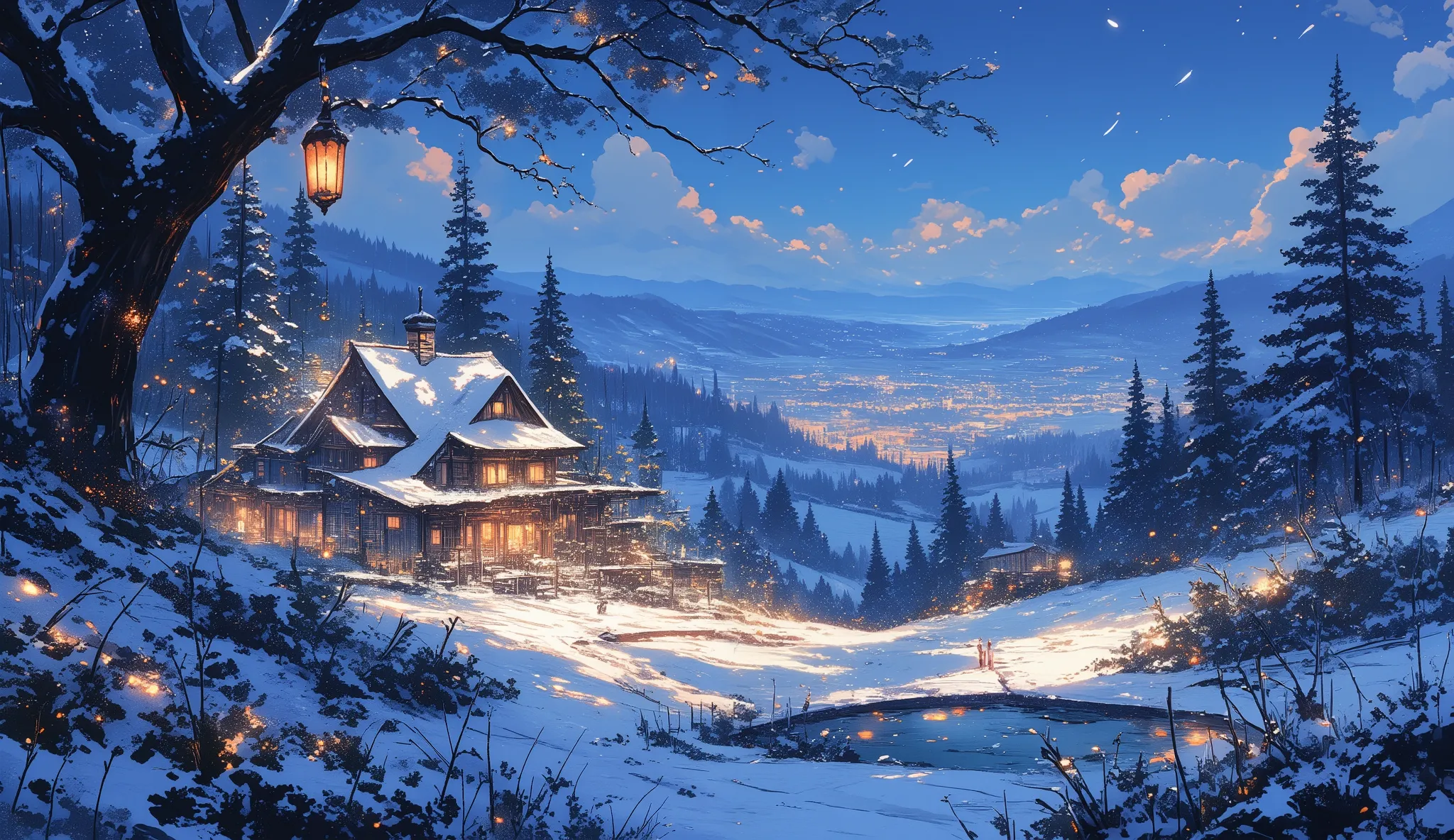 masterpiece, best illustration ,beautiful colors, christmas eve, landscape, lights on