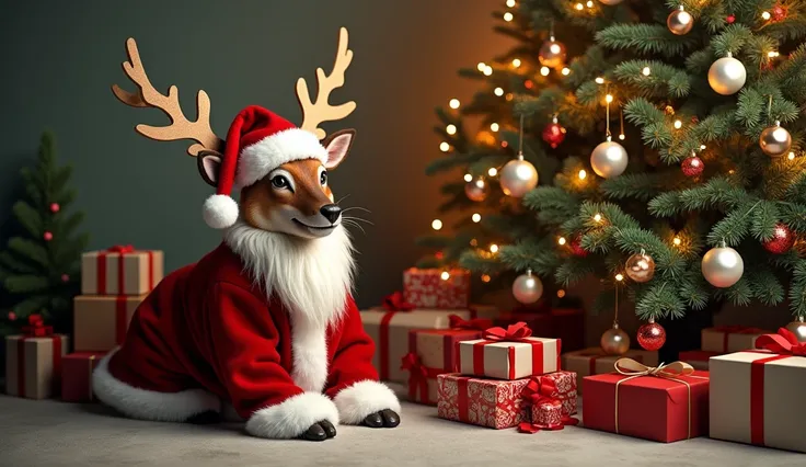ren disguised as Santa Clauss reindeer next to a giant Christmas tree full of presents.