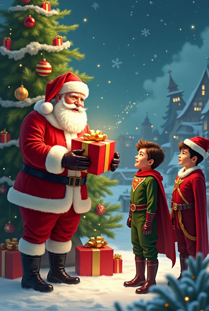 santa claus came to the christmas tree and gives out super gifts 
heroes