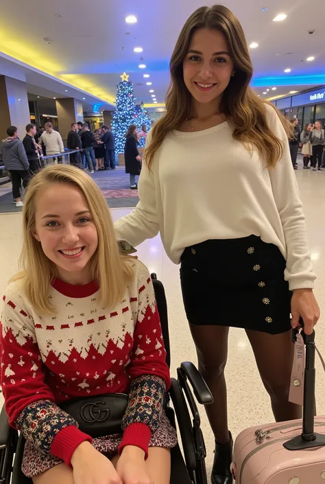 Selfie taken at Heathrow Int Airport, illuminated by ambient lighting. In the foreground, two women are prominently featured. On...