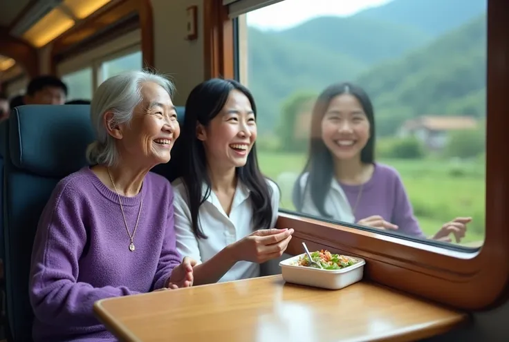 in a train cabin, an elderly asian woman with white hair, wearing a purple sweater, sits smiling warmly as she holds a lunchbox....