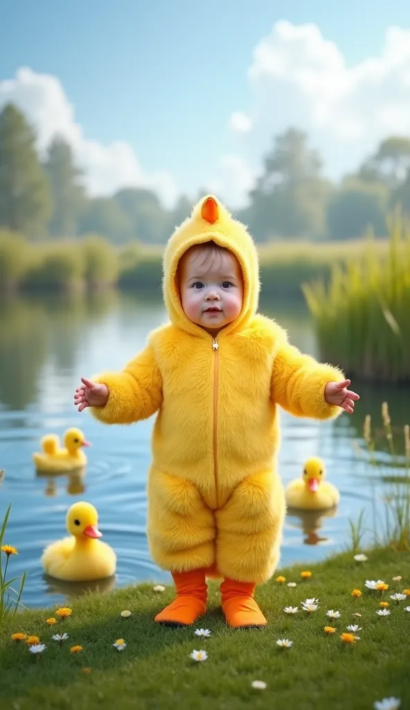 tiny baby standing upright with arms open, dressed in an adorable fluffy yellow duck costume. the costume features a soft, feath...