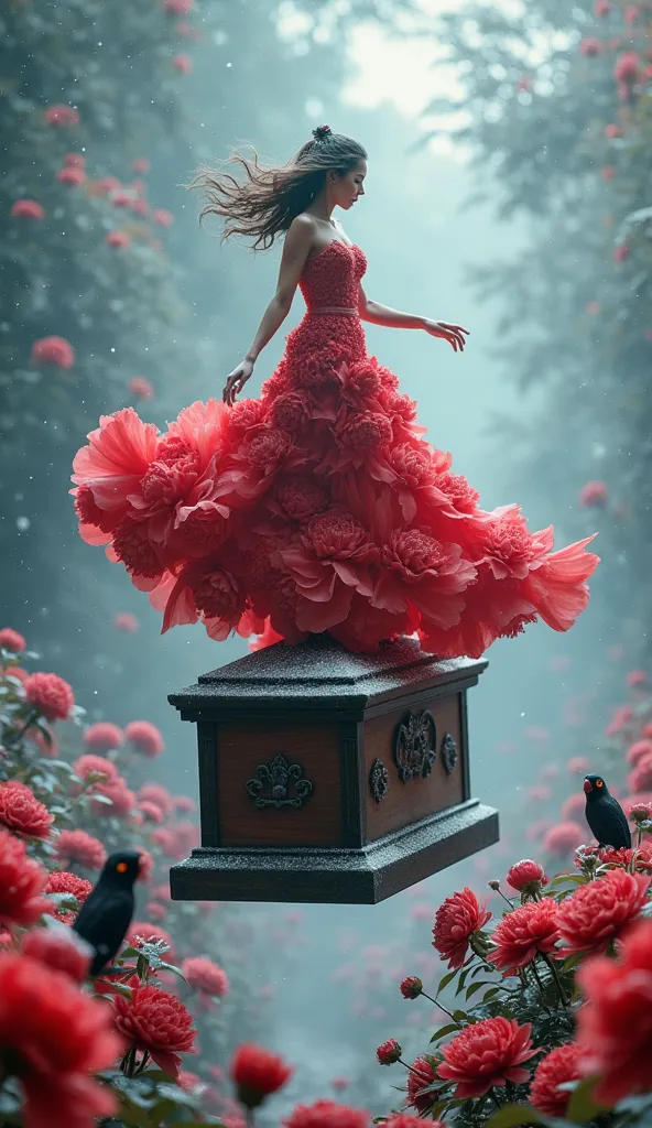 woman made of red peony flowers ,  he dances on top of a mysterious ancient and strange coffin,, forest snow background ， it sno...