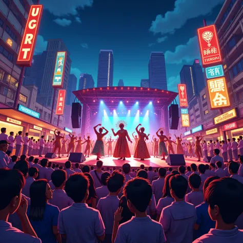 illustration of dangdut concert in indonesia. with the feel of the middle of the city , the night