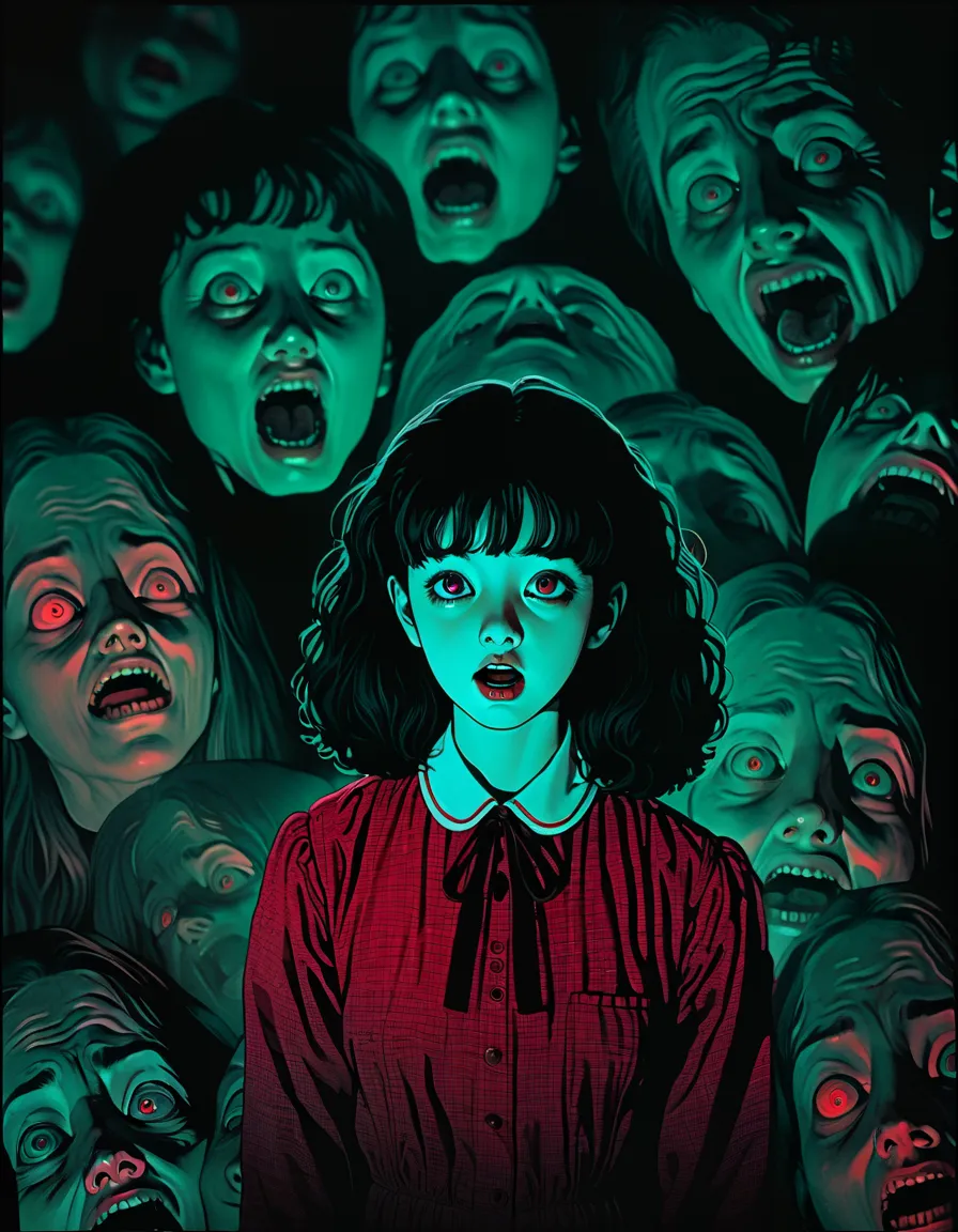 illustrations、art、from an 80&#39;s horror movie, supervised by junji ito、exorcist、 high detail,  realistic shadows、 analog style...