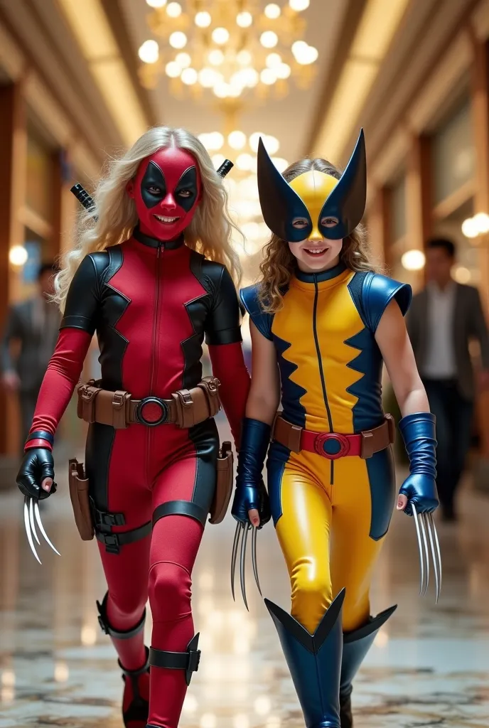 a  blonde girl , wears a deadpool costume and a  girl,dressed in wolverine costume ,  smiley facial expression , walk together, ...