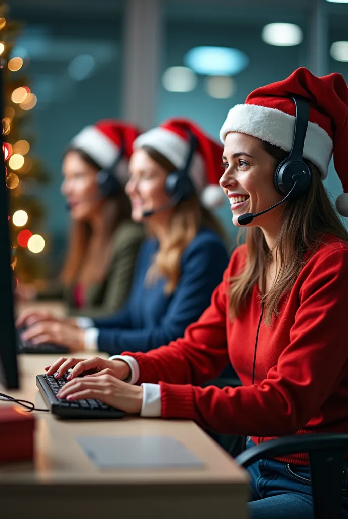 the scene depicts a diverse group of call center agents from around the world, each celebrating christmas in their own unique wa...