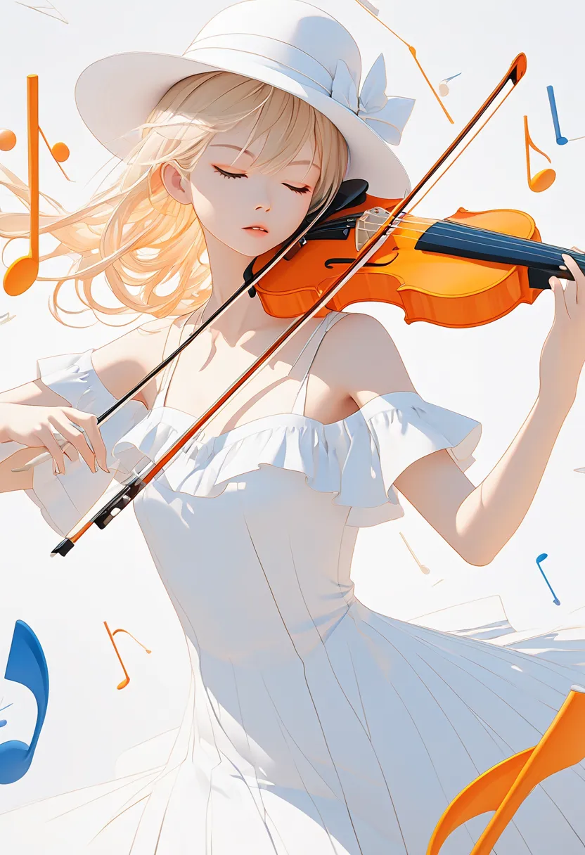 a blond girl in a white hat playing the violin, with colorful notes in the background, in a 3d style, with a minimalistic design...