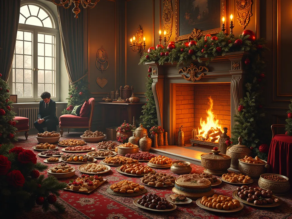 victorian room wth fireplace and many luxury food and fruit to celebrate in xmas on the floor