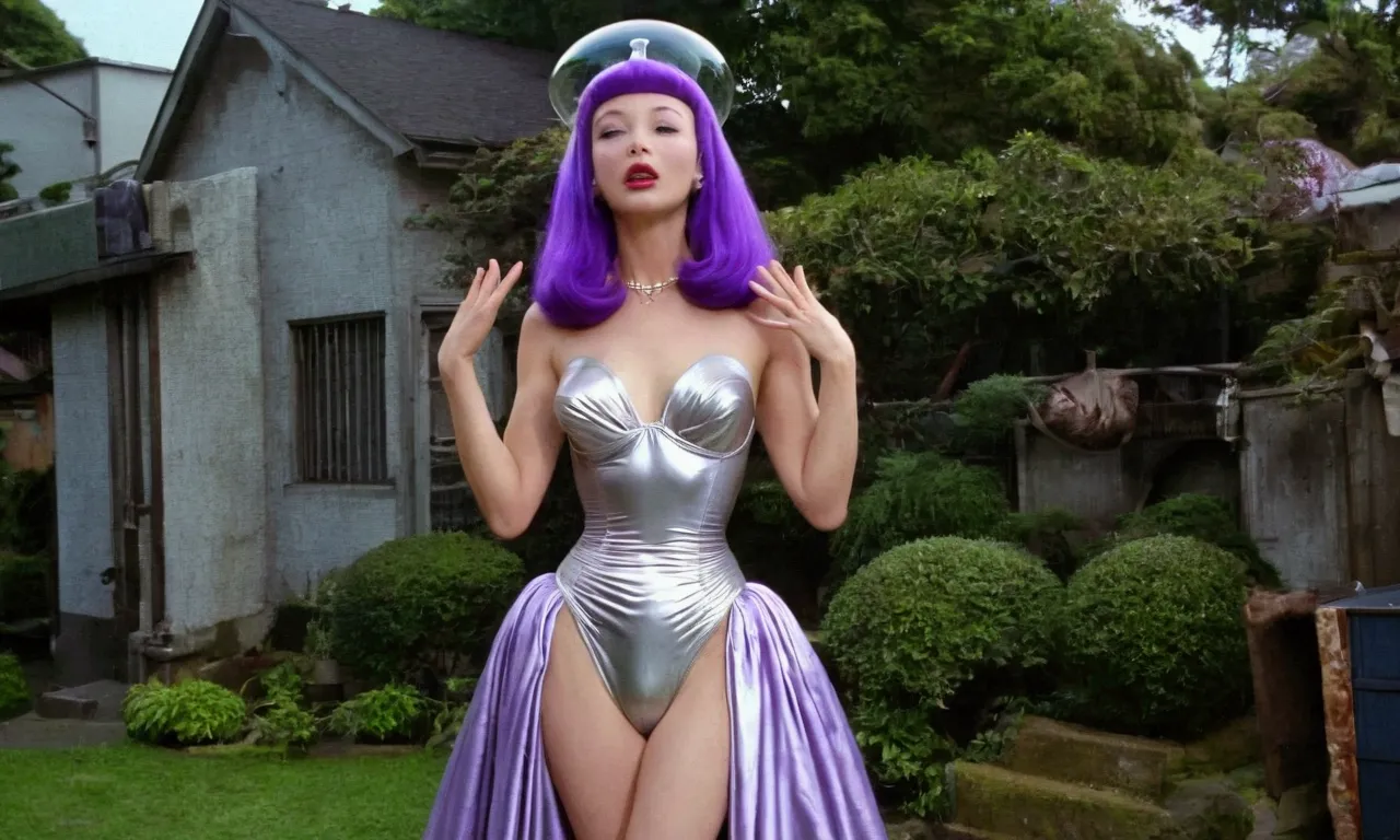 a cute woman (role of purple alien princess of venus, sheer silk silver gown, no underwear) is departing her 1950s style ufo to ...