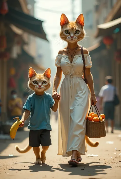 holding the anthropomorphic  boy small hand in her own, the anthropomorphic female cat, her white gown,walks through the crowded...