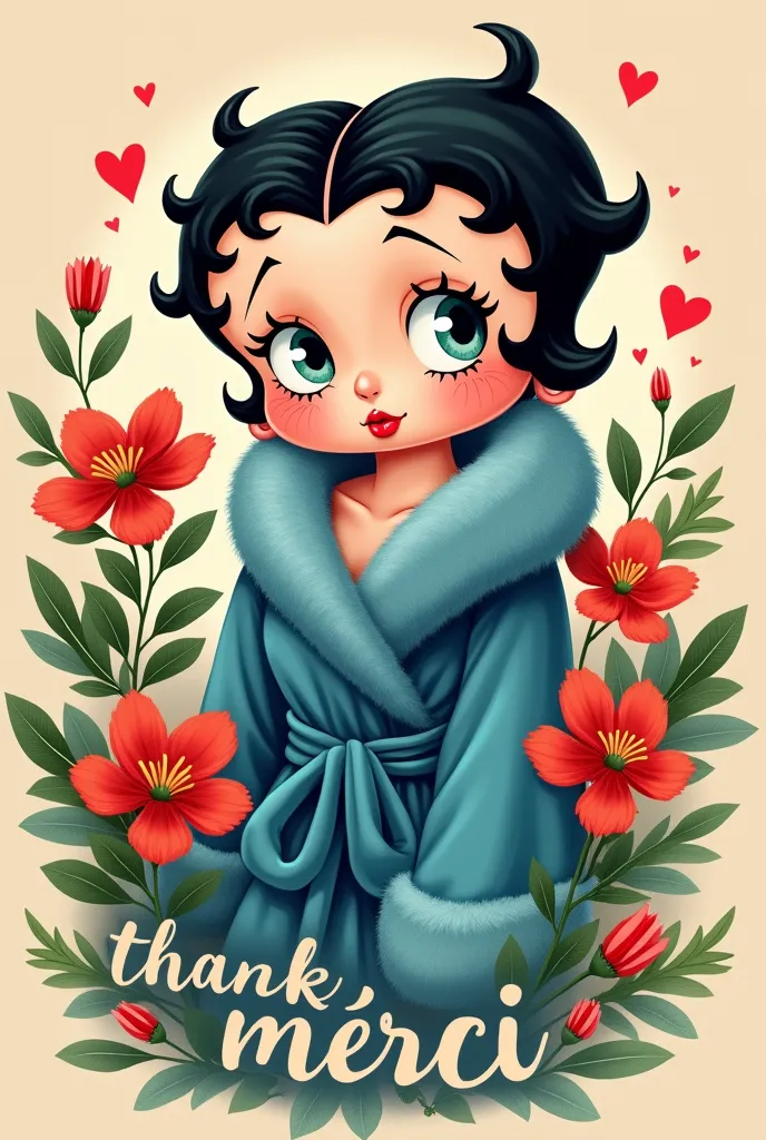 betty boop robe bleue entouré de coeurs et fleurs de noël qui dit "merci "