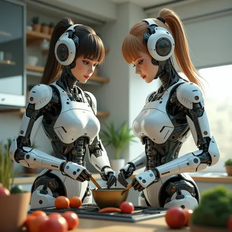 realistic photography,2 mecha girl, realistic human face,details mechanical bodies, cooking in kitchen.