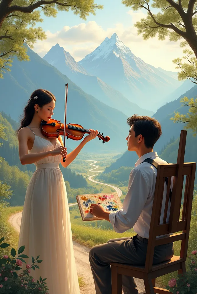 create a woman playing the violin and an artist painting who is a man sitting with a canvas and a brush in his hand and that in ...