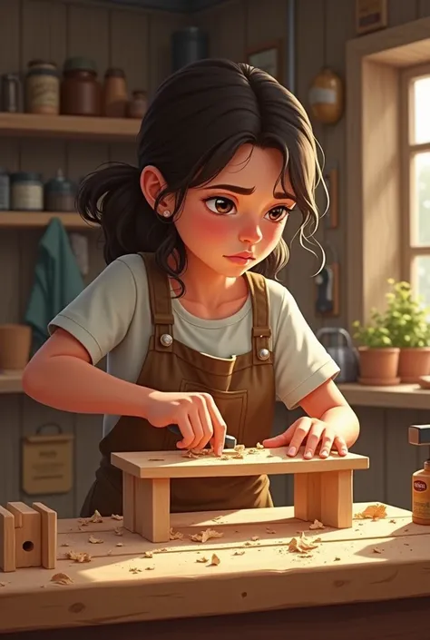 girl making a wooden bench