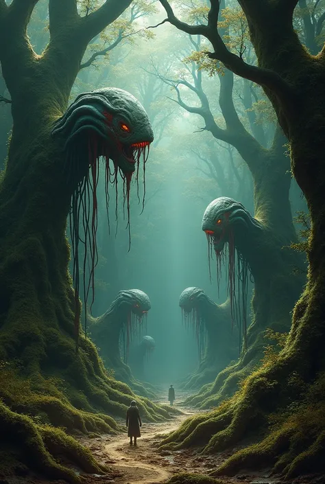 a vast forest of dreams, h r giger style, horror, organic, gore, tendrils, ethereal