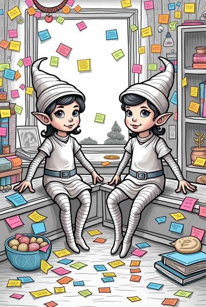 make coloring book page where 2 elf on the shelf adds a lot of sticky notes everywhere