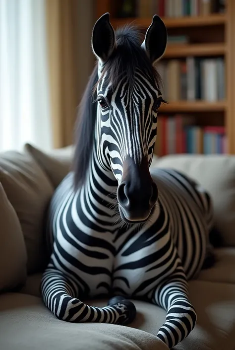 very beautiful and sexy realistic and very muscular female adult zebra/black horse that is by herself laying on the couch in th...