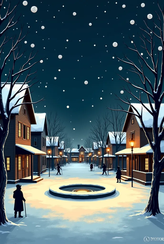 a dark night with button snow falling, only the street lamps are bright, woodblock prints carved with very thick lines and with ...