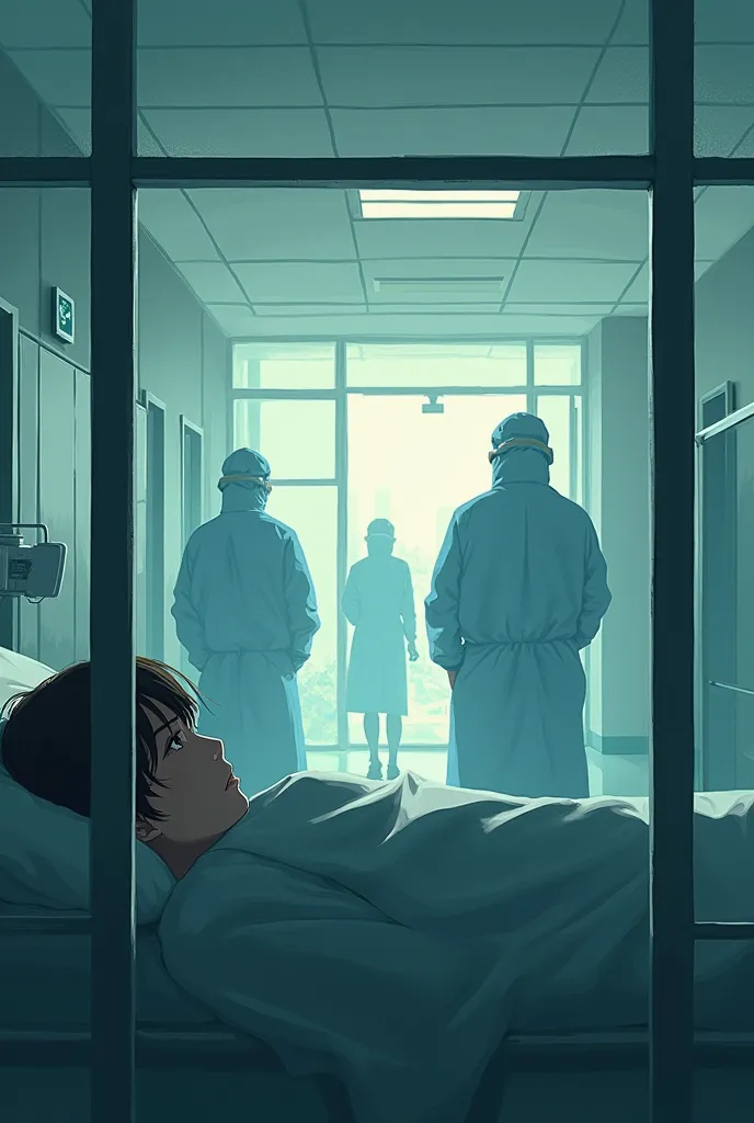 create an image in the style of makoto shinkai a patient in a hospital room separated by glass walls, with medical staff outside...