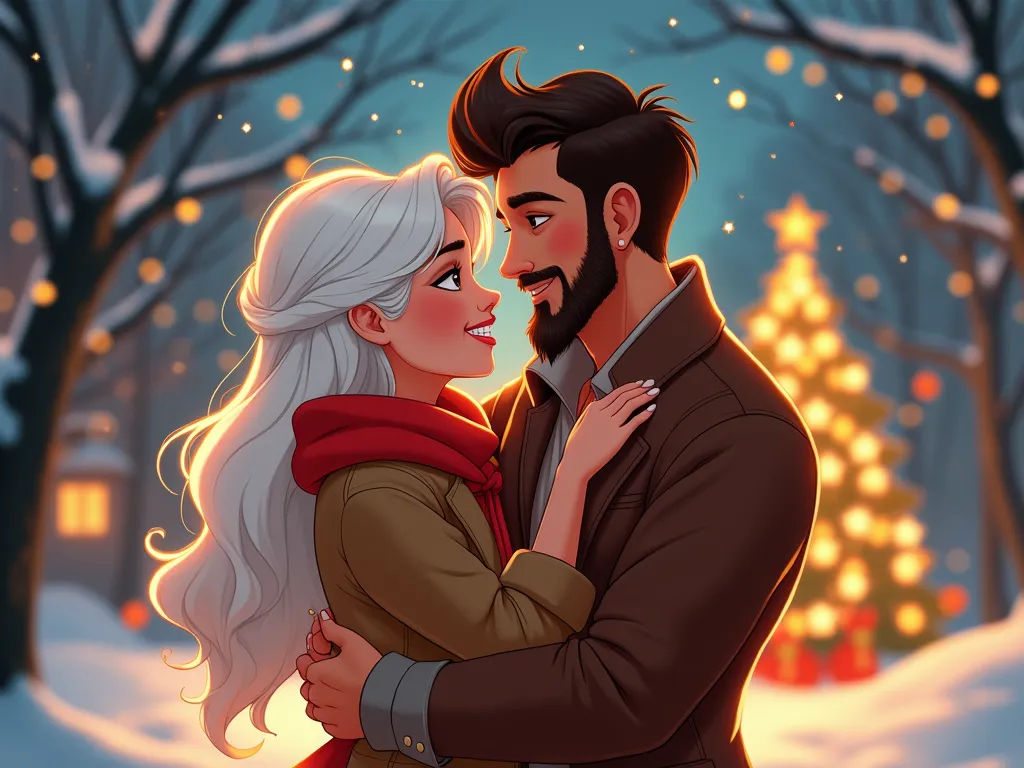 couple. disney drawing. woman with white platinum hair and man with brown hair and goatee beard. named sky and leonardo . celebr...