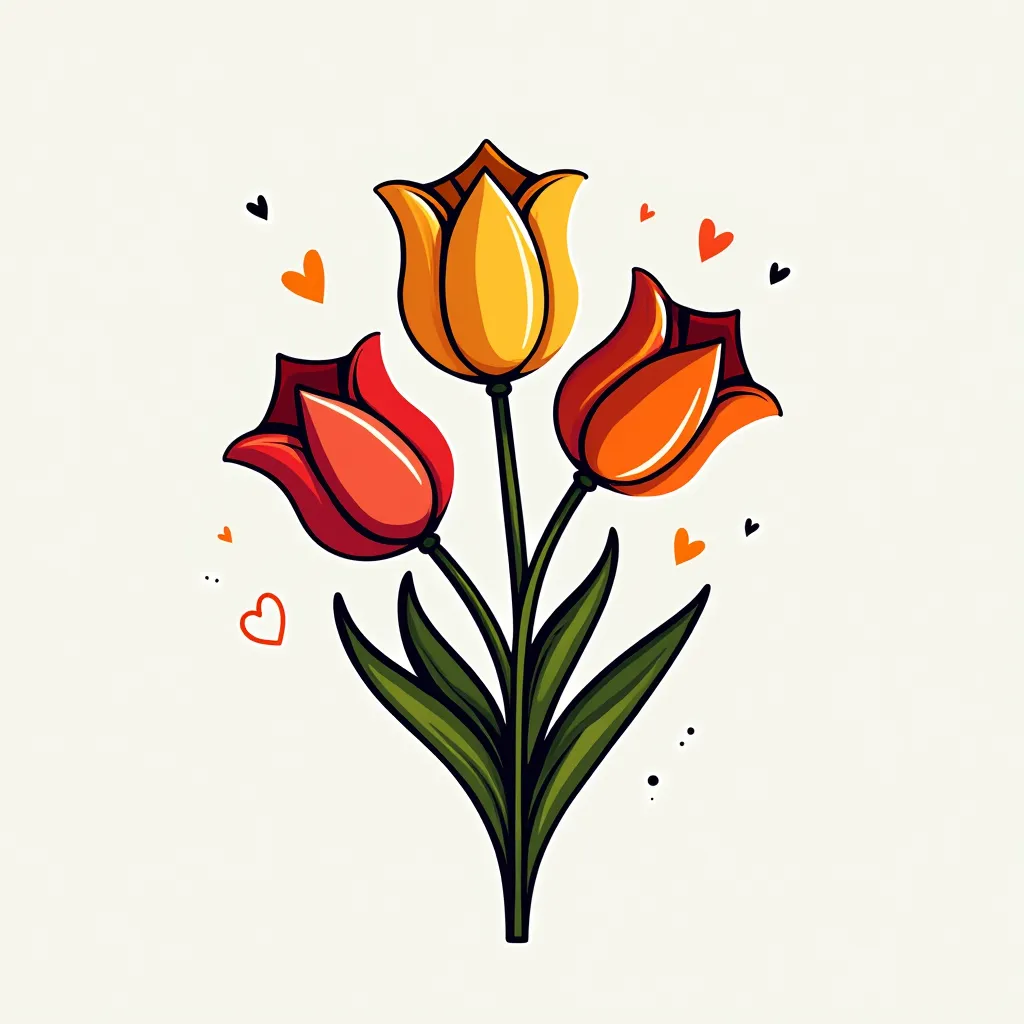 a stylized bouquet of three tulips.  the tulips are rendered with a graphic, almost neon-like quality, in shades of red, orange,...