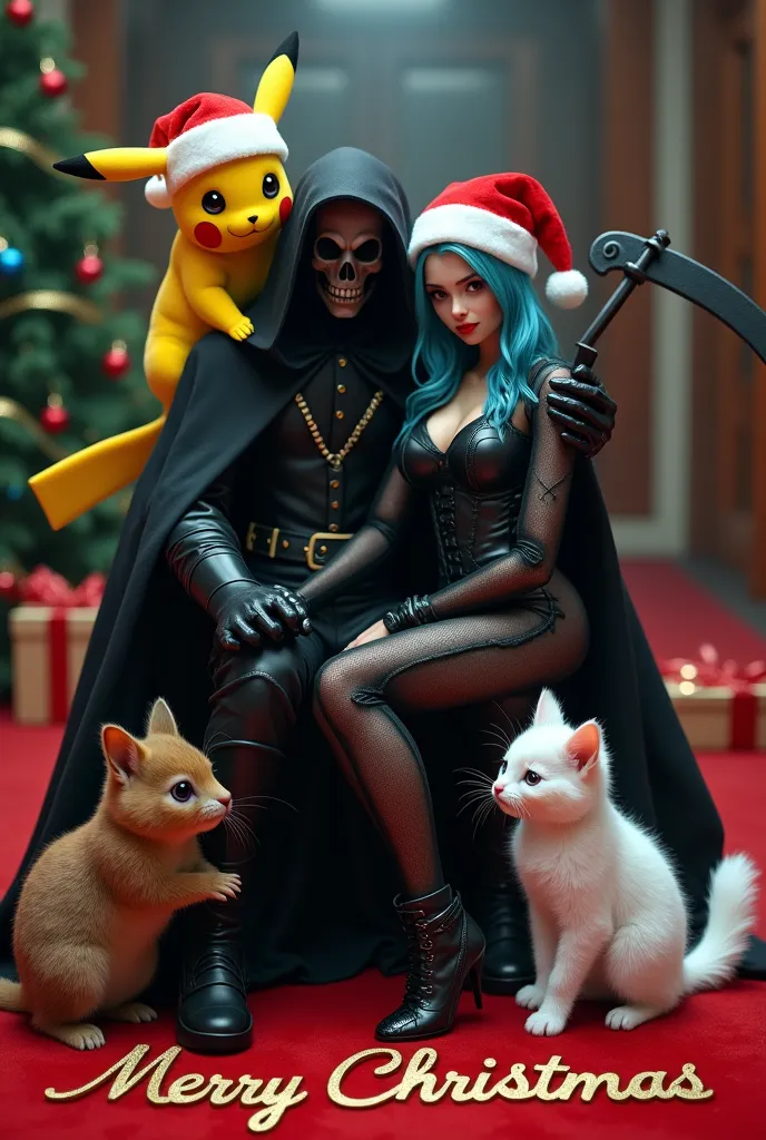 1st figure: pikachu with a red santa hat on his head, sitting on death's shoulder, 2nd figure: death in a black cloak with a hoo...