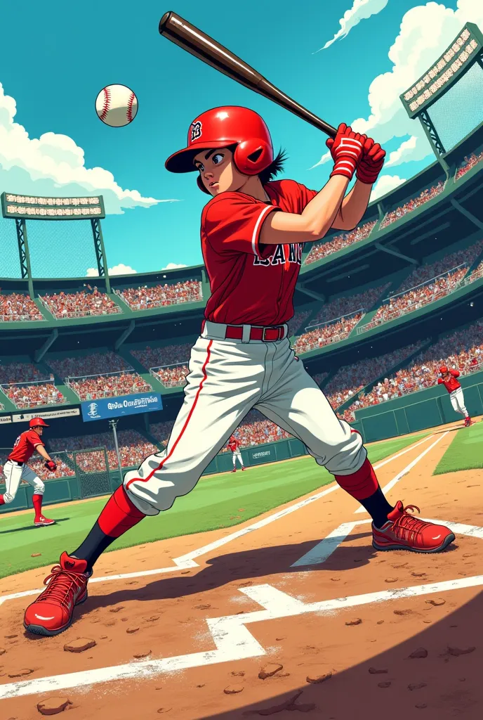 a high-energy, japanese manga-style illustration of a baseball game, featuring a dramatic moment where a young batter swings fie...