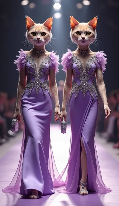 "two elegant anthropomorphic cats walking on a fashion runway, wearing matching purple gowns with intricate silver embroidery an...